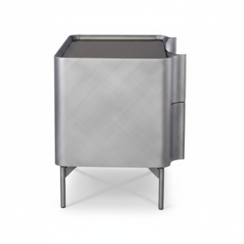 Side view of brushed gunmetal steel trapezoidal bedside table with slim tapered metal legs