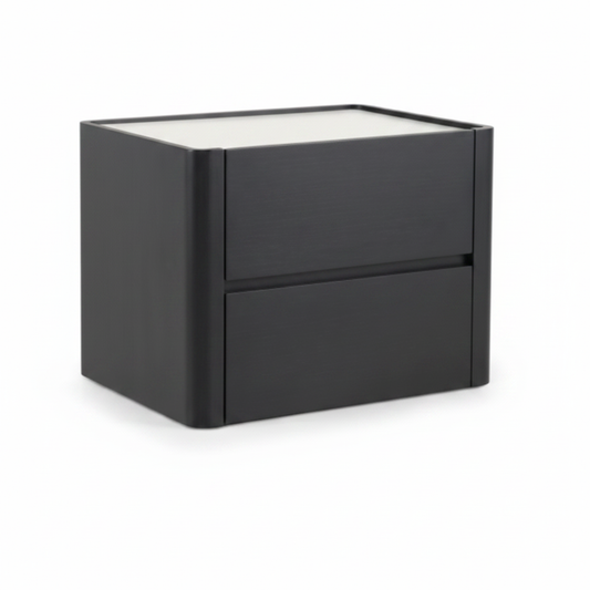 Matte charcoal two-drawer handleless bedside table with white inset top, front view on white background