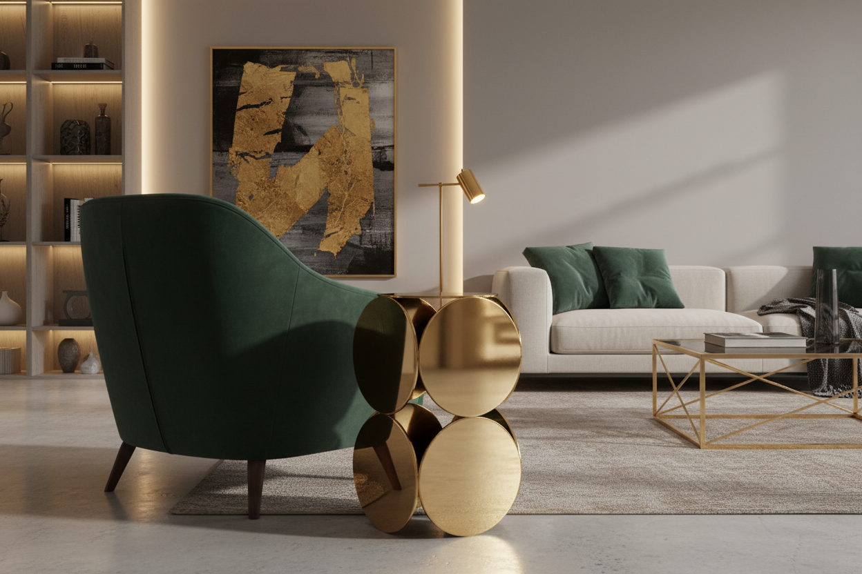 Orbis Side Table gold finish in a luxurious modern living room beside a velvet armchair