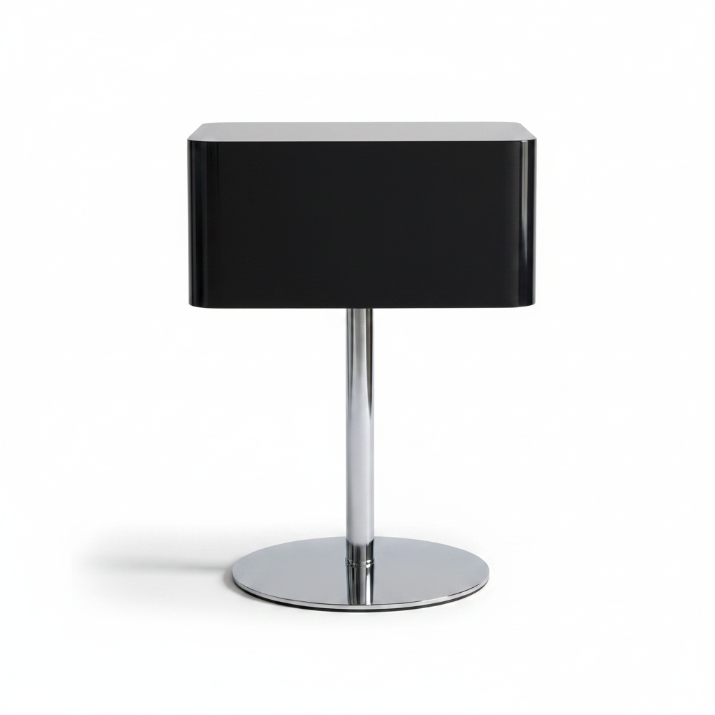 Back view of glossy black side table on polished chrome pedestal base