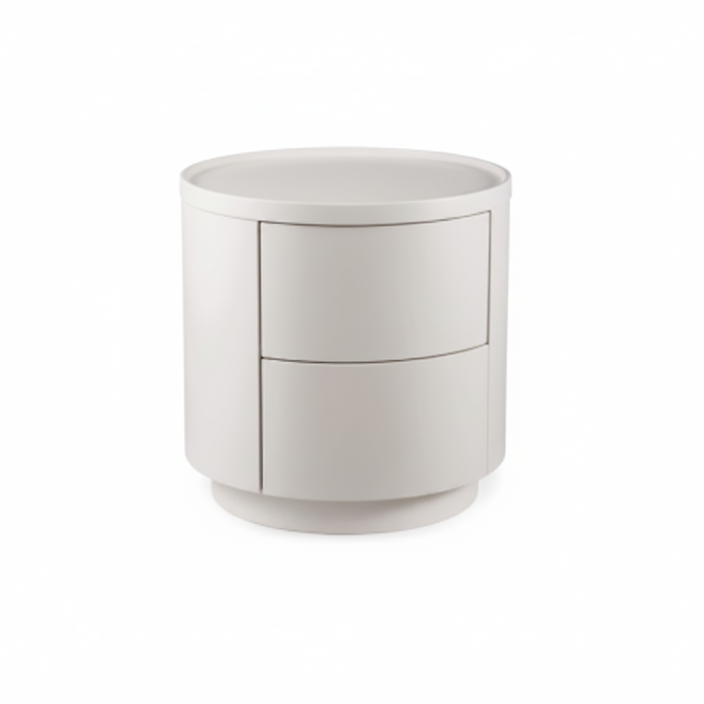 Top view of warm white matte cylindrical bedside table showing round flat top surface
