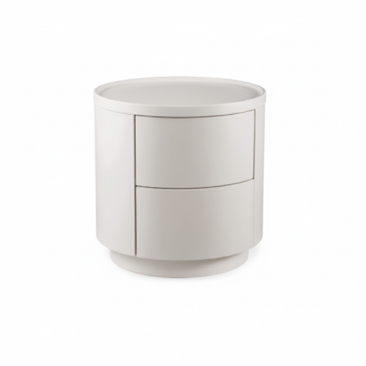 Top view of warm white matte cylindrical bedside table showing round flat top surface