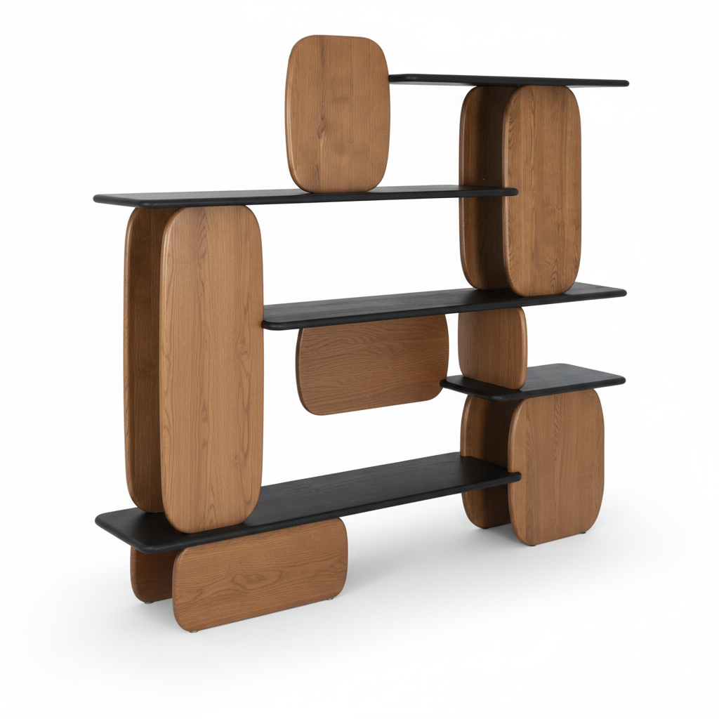 Cairn Shelving Unit rear three-quarter view showing oak upright construction