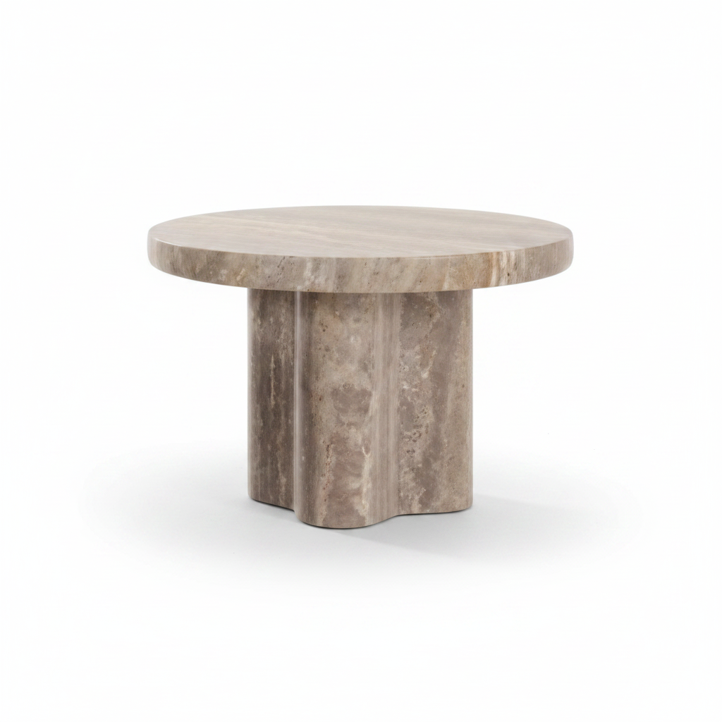 Petal Coffee Table travertine side profile showing sculptural petal base, white background
