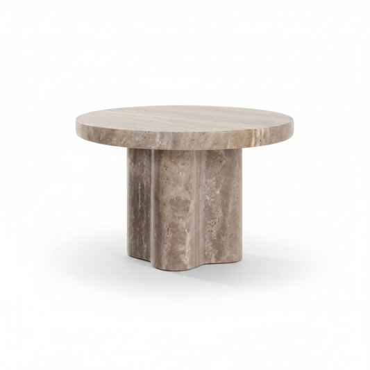 Petal Coffee Table travertine side profile showing sculptural petal base, white background