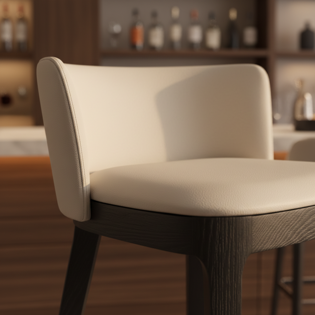 Close-up of cream leather and dark espresso wood grain detail on Volta Bar Stool