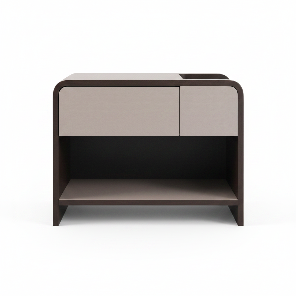Front-facing studio shot of the Dune Bedside Table in greige with dark espresso rounded frame