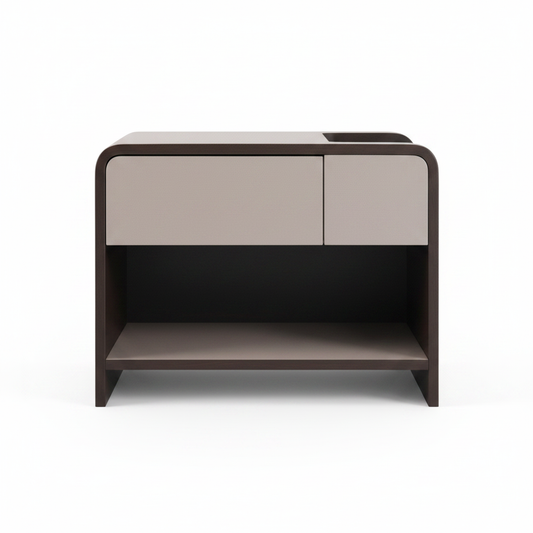 Front-facing studio shot of the Dune Bedside Table in greige with dark espresso rounded frame