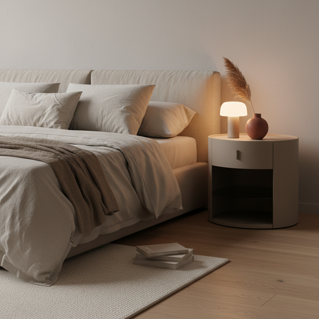 Warm taupe cylindrical bedside table styled in a luxury modern bedroom