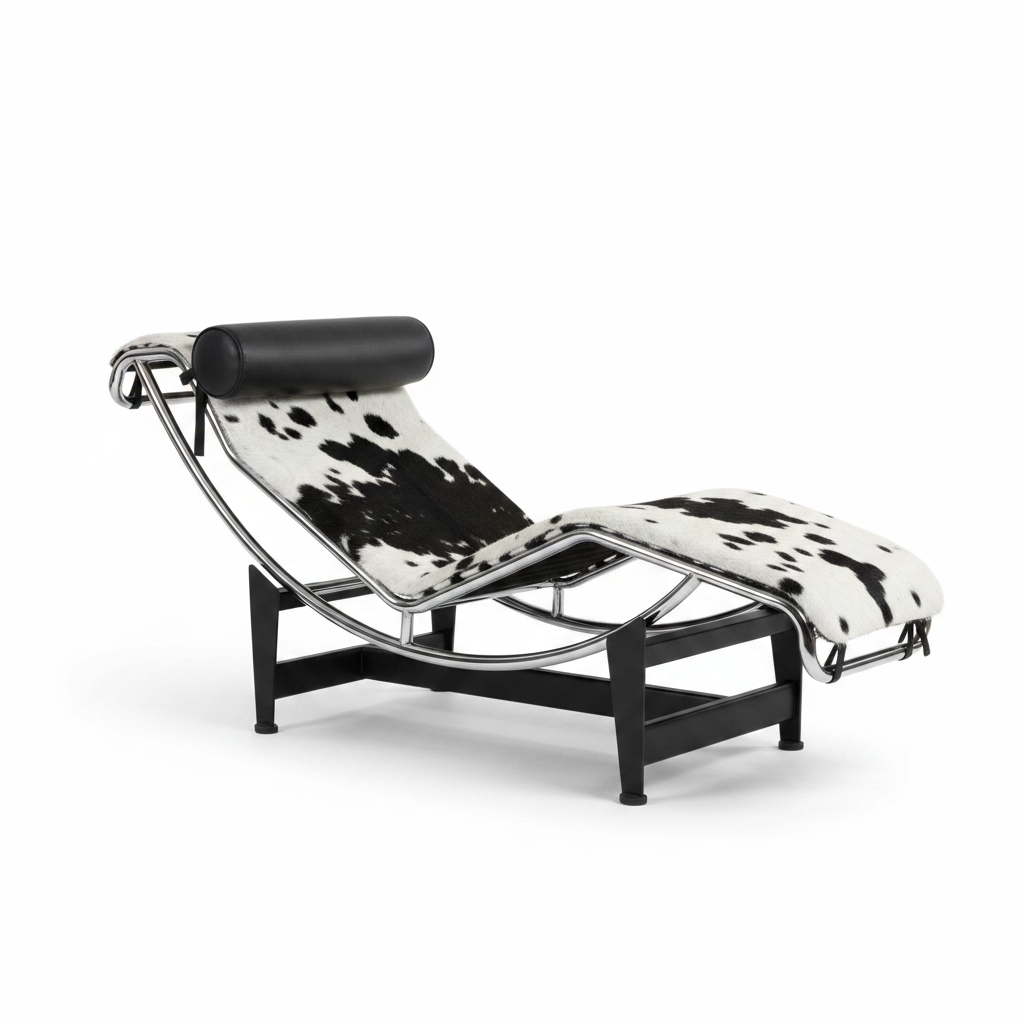 LC4-style chaise longue with black and white cowhide pad, chrome tubular frame and matte black sled base on white background