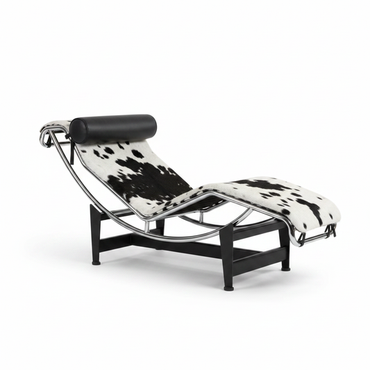 LC4-style chaise longue with black and white cowhide pad, chrome tubular frame and matte black sled base on white background