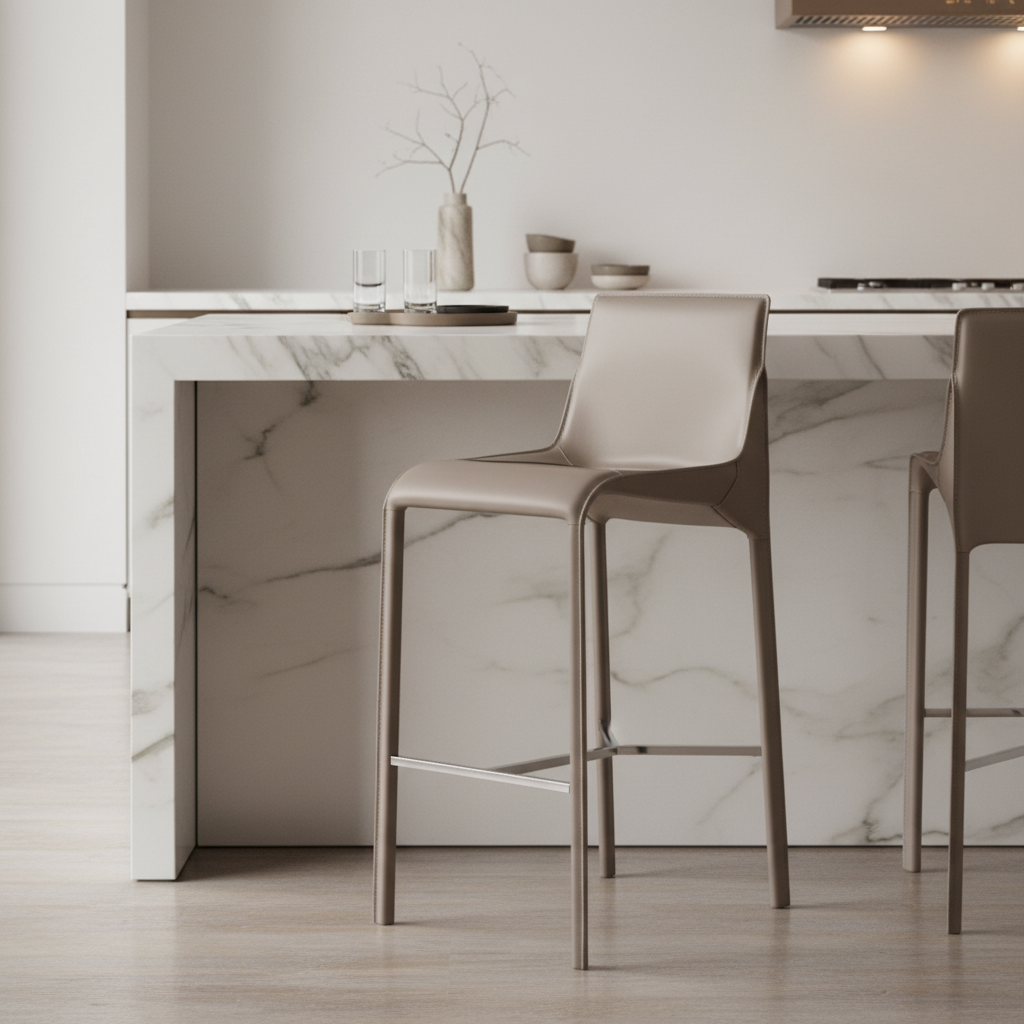 Taupe leather-wrapped bar stool styled at a luxury modern kitchen island