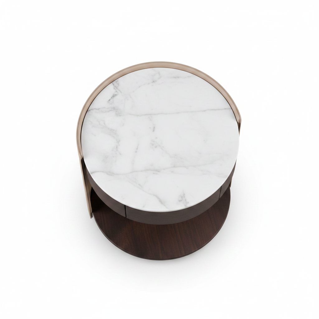 Top view of round cylindrical dark espresso wood bedside table showing white marble circular top