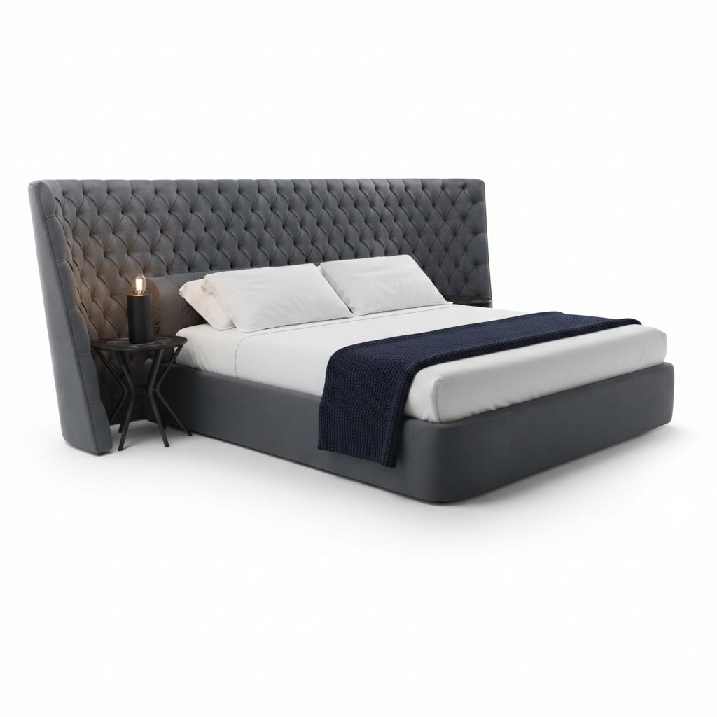 Nocte bed styled with white linen bedding and navy throw