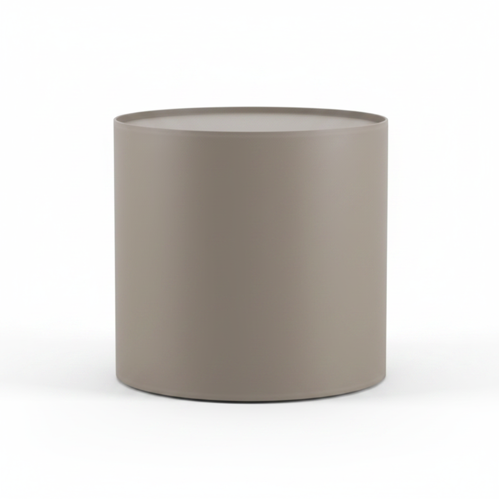 Back view of warm taupe cylindrical bedside table on white background