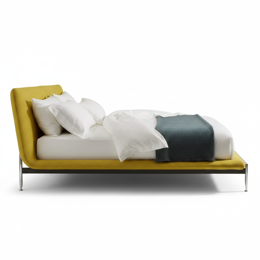 Sole king bed — side profile showing floating platform and chrome legs