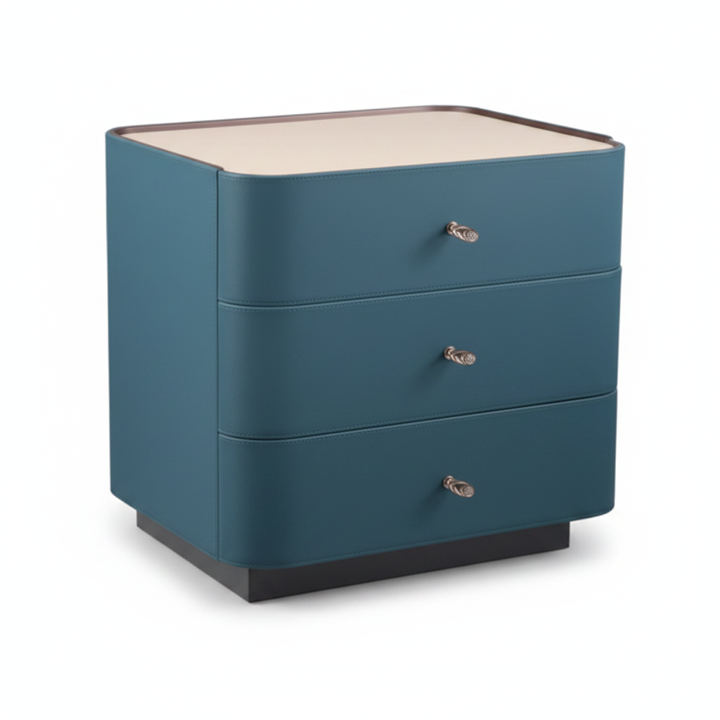 Side view of deep teal upholstered bedside table with cream top and dark espresso plinth base