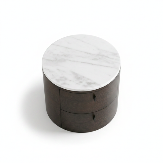 Top view of round drum dark espresso wood bedside table showing white marble circular top