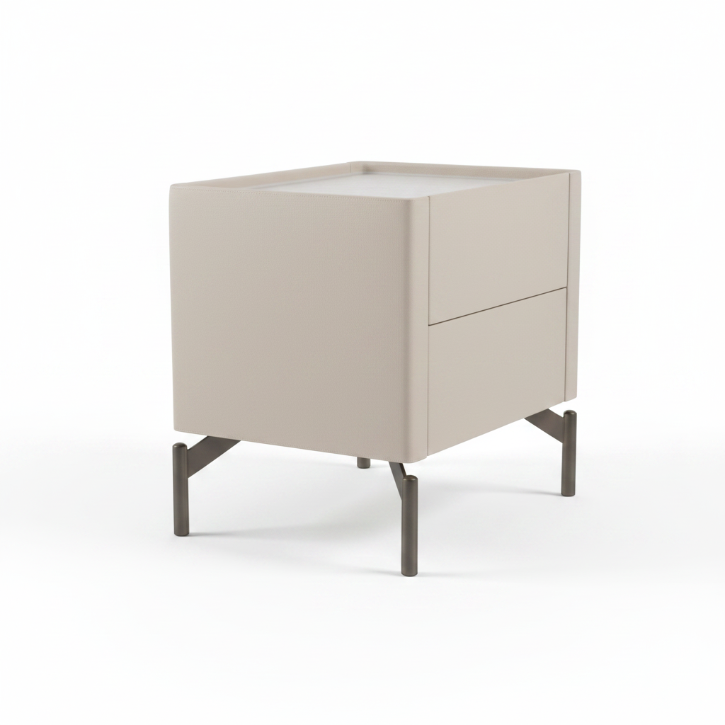 Side view of cream leather upholstered bedside table showing slim dark gunmetal metal legs