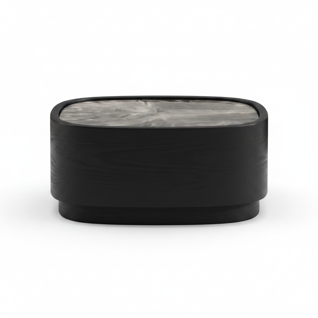 Back view of low rounded matte black bedside table on white background