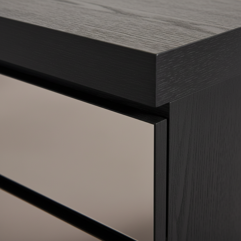 Close-up of matte black surface and champagne bronze mirror-finish drawer contrast