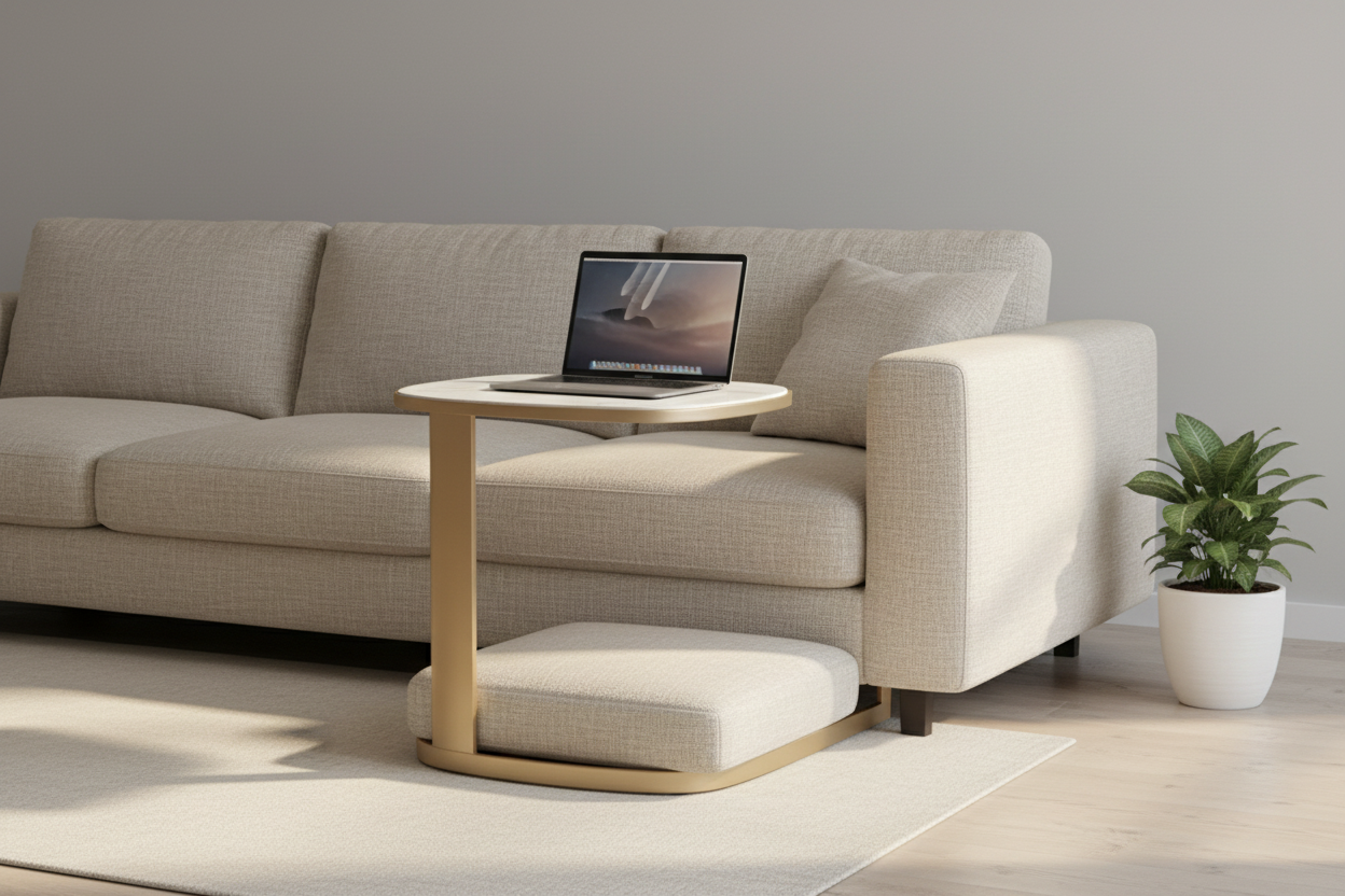Canto Side Table tucked beside a linen sofa with laptop open in a modern living room