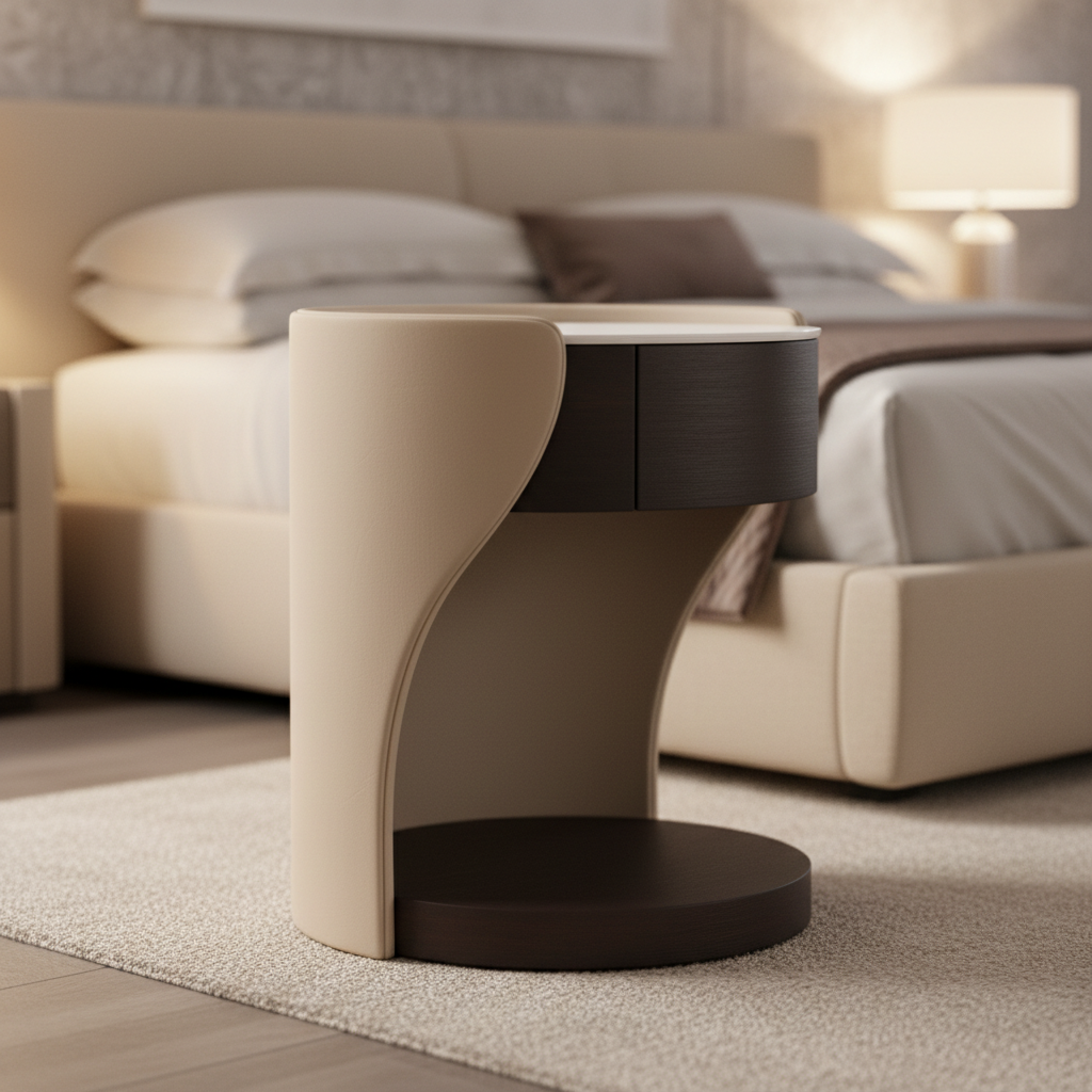 Close-up of vertical split between cream matte and dark espresso charcoal on Dimezza Bedside Table