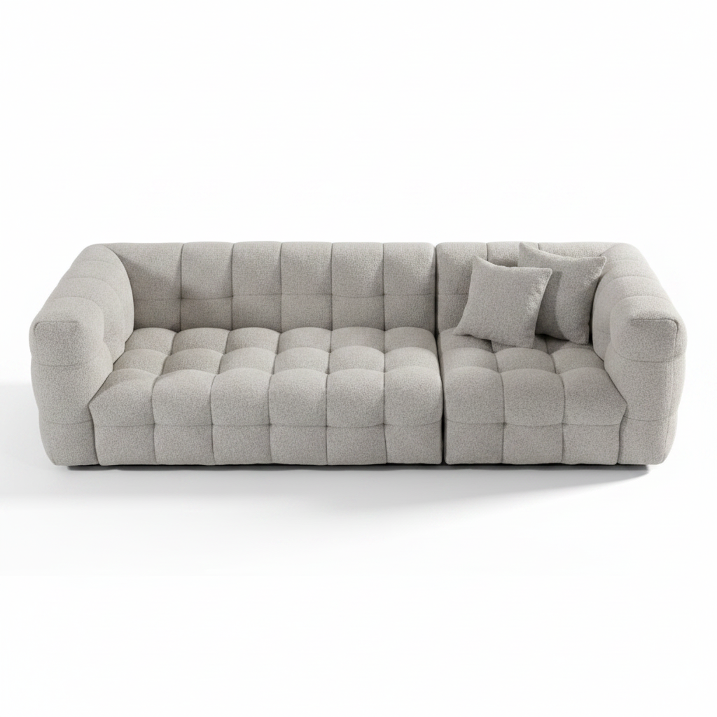 Alveo Sofa top view, grid-tufted grey fabric, white background
