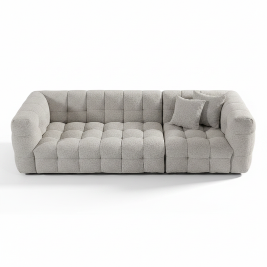 Alveo Sofa top view, grid-tufted grey fabric, white background
