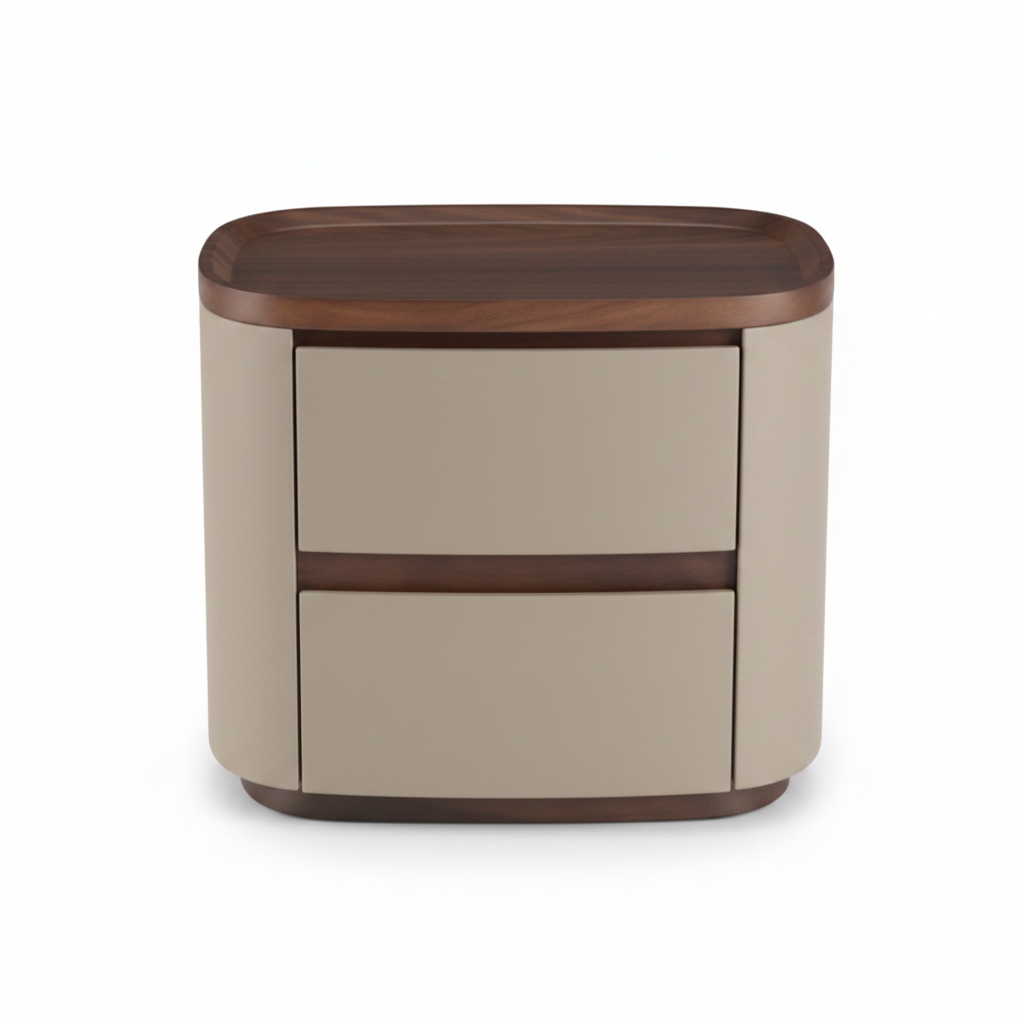 Top view of warm greige matte rounded bedside table showing oval dark walnut top surface