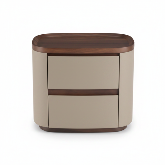 Top view of warm greige matte rounded bedside table showing oval dark walnut top surface
