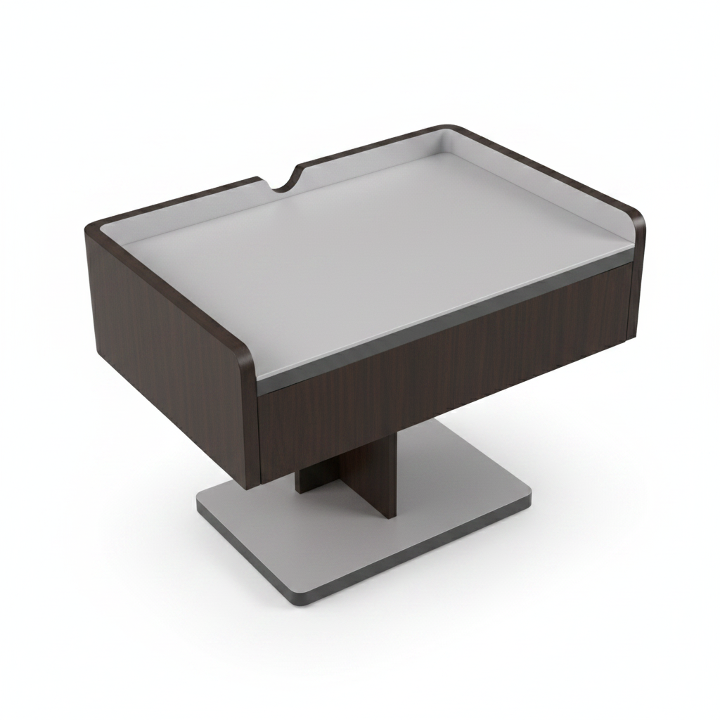Top view of grey brushed metal side table showing raised lip and slot tray detail