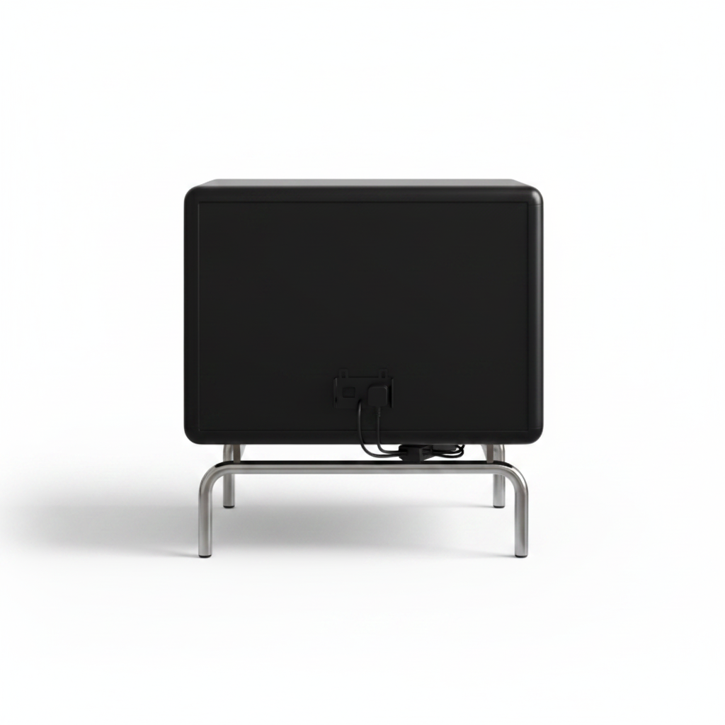 Back view of glossy black bedside table on polished chrome sled base
