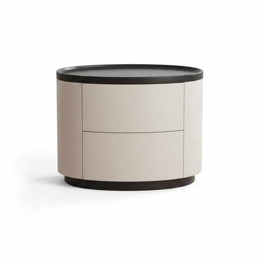 Oval cream matte two-drawer bedside table with dark espresso charcoal top and oval plinth base, front view on white background