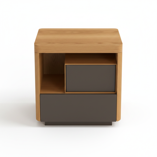 Top view of warm oak bedside table showing open dark charcoal niche shelf