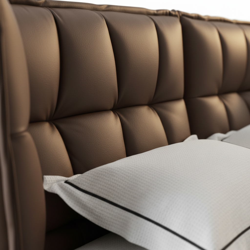 Close-up of grid-tufted quilted chocolate brown leather headboard on Corda Bed Frame