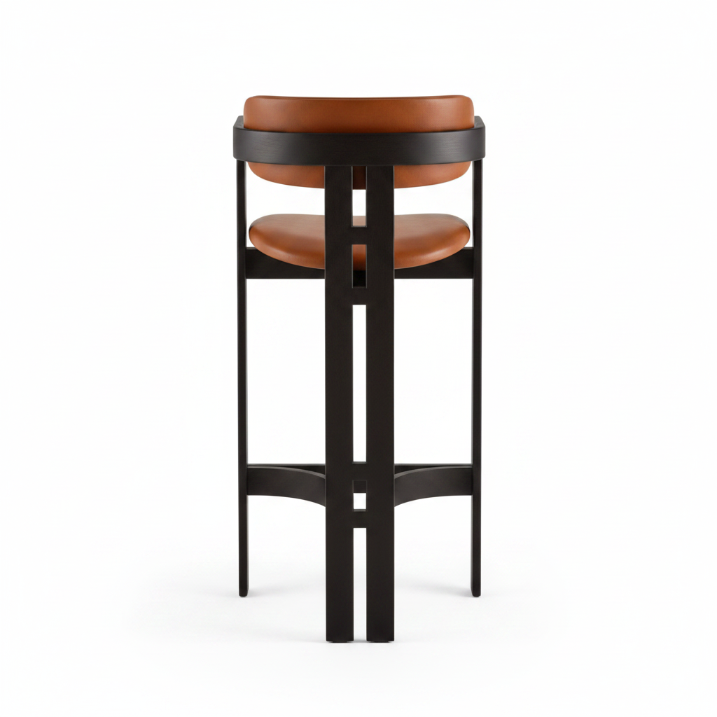 Back view of cognac leather bar stool with matte black architectural wood frame