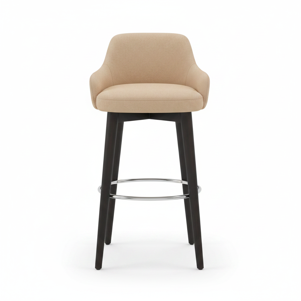 Beige fabric armed bar stool with dark espresso wood frame and chrome footrest, front view on white background