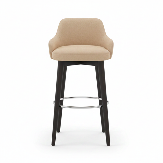 Beige fabric armed bar stool with dark espresso wood frame and chrome footrest, front view on white background
