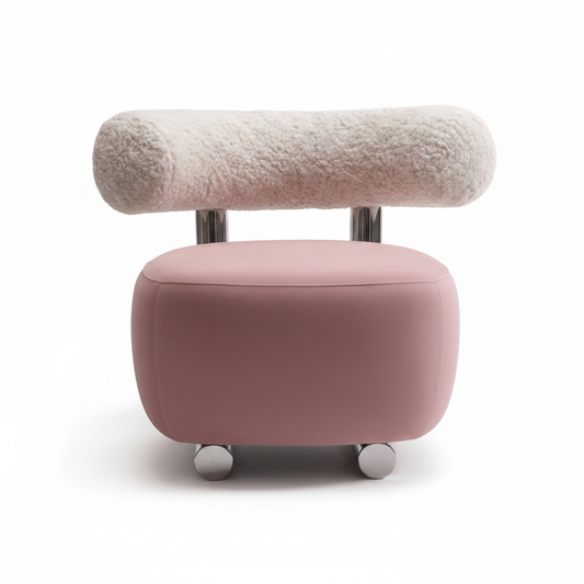 Round blush pink velvet drum seat accent chair with cream teddy fur bolster backrest and polished chrome frame on white background