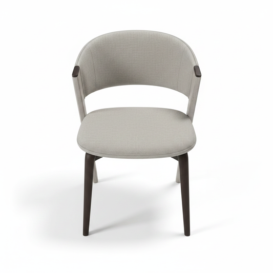 Vela Dining Chair top view, grey fabric, dark wood legs