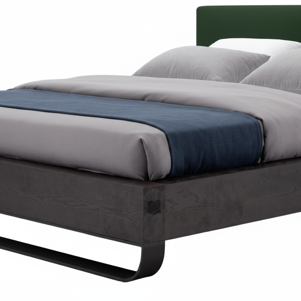 Noctis bed — close-up forest green headboard and walnut platform detail