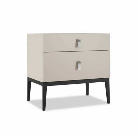 Warm off-white cream matte two-drawer bedside table with square silver handles on dark espresso wood legs, front view on white background