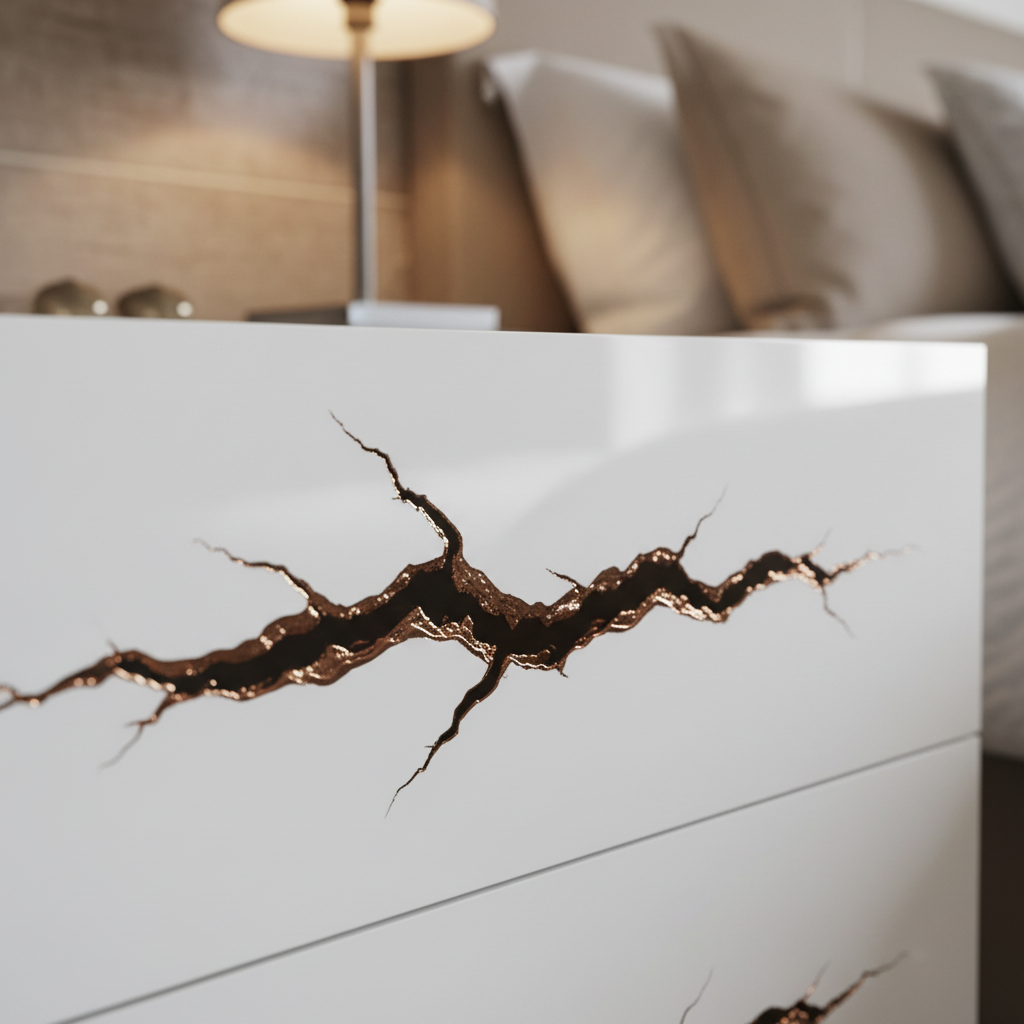 Close-up of glossy white lacquer surface with dark bronze resin crack fissure inlay on Crepa Bedside Table