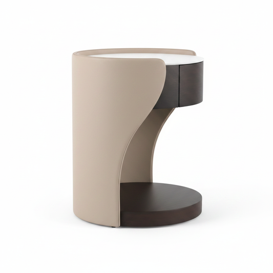 Side view of cylindrical two-tone cream and dark espresso bedside table on wide round disc base