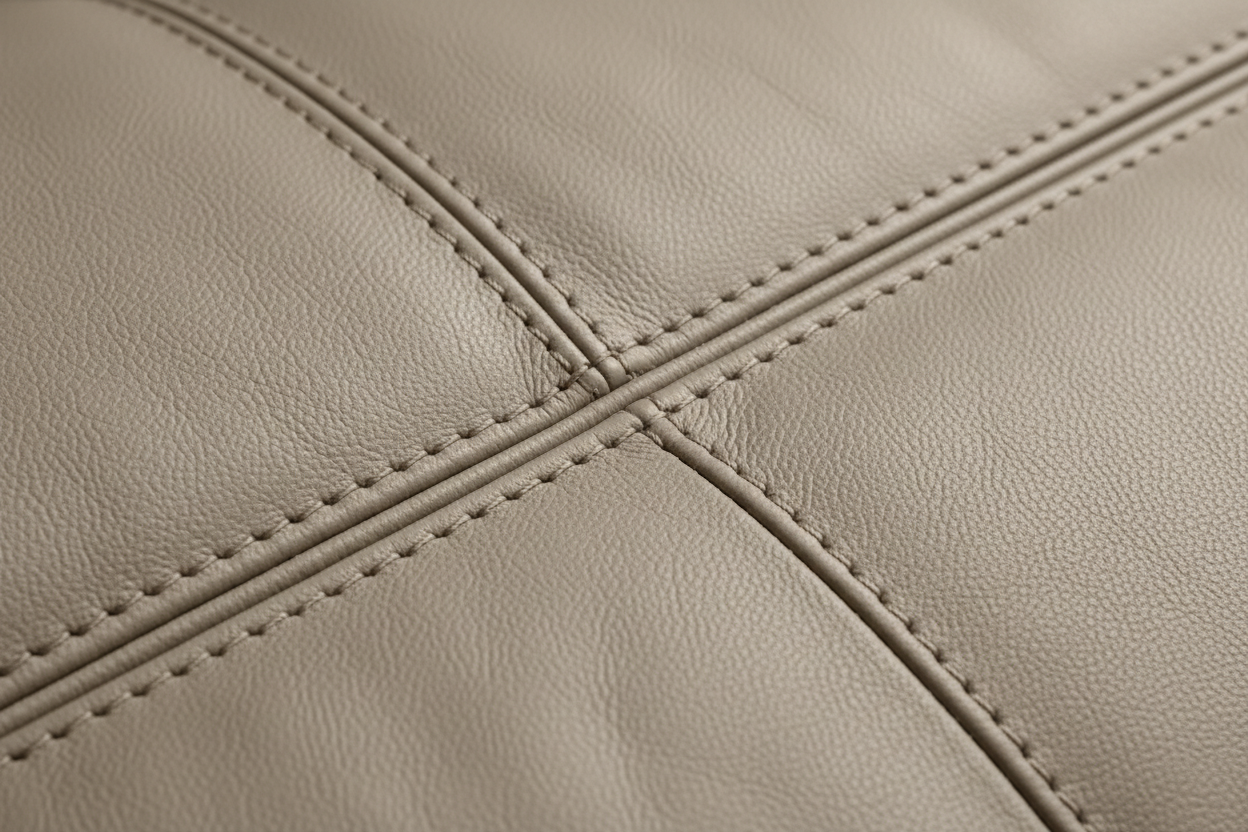 Taupe Leather Sofa Material & Stitching Close-Up